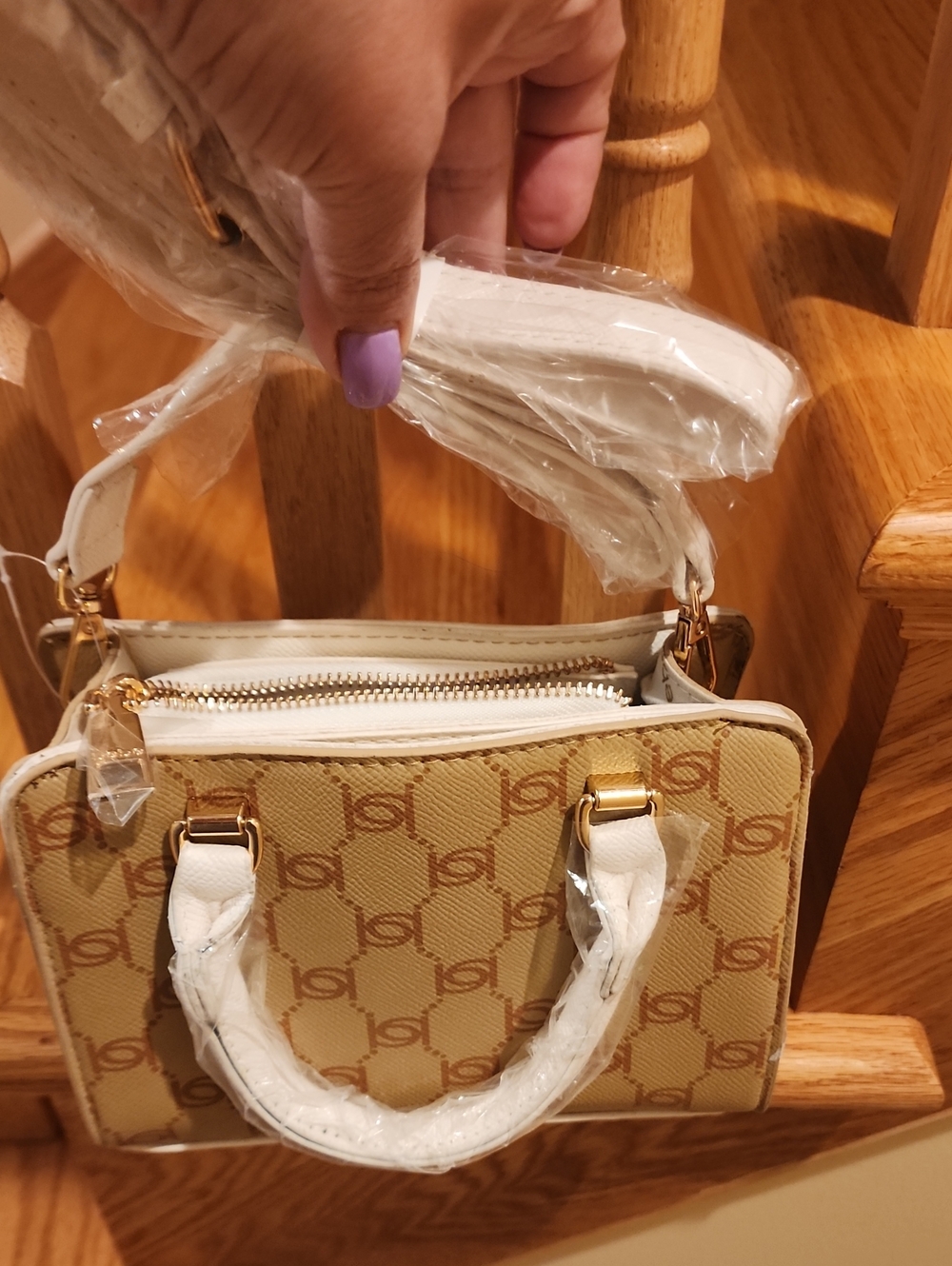 Bebe Leilani Monogram Top Handle Crossbody Bag Almond/Cream Gold Hardware NWT - Picture 3 of 5